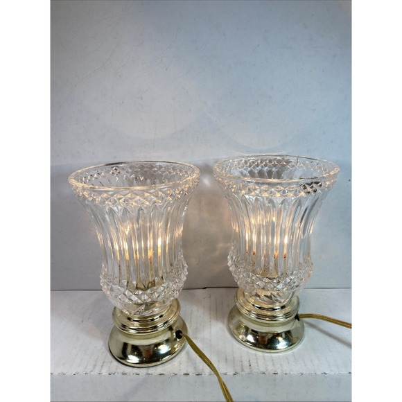 The Unbranded Brand Other - 2 Vintage Clear Glass 8" Gold Base Table Lamps Accent Light Lamp Defects Working